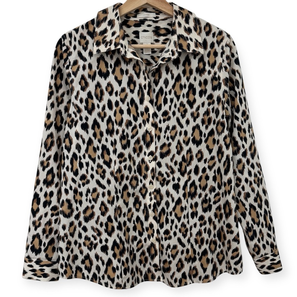 Chico’s No Iron 100%‎ Cotton Leopard Print Button Down Shirt Medium